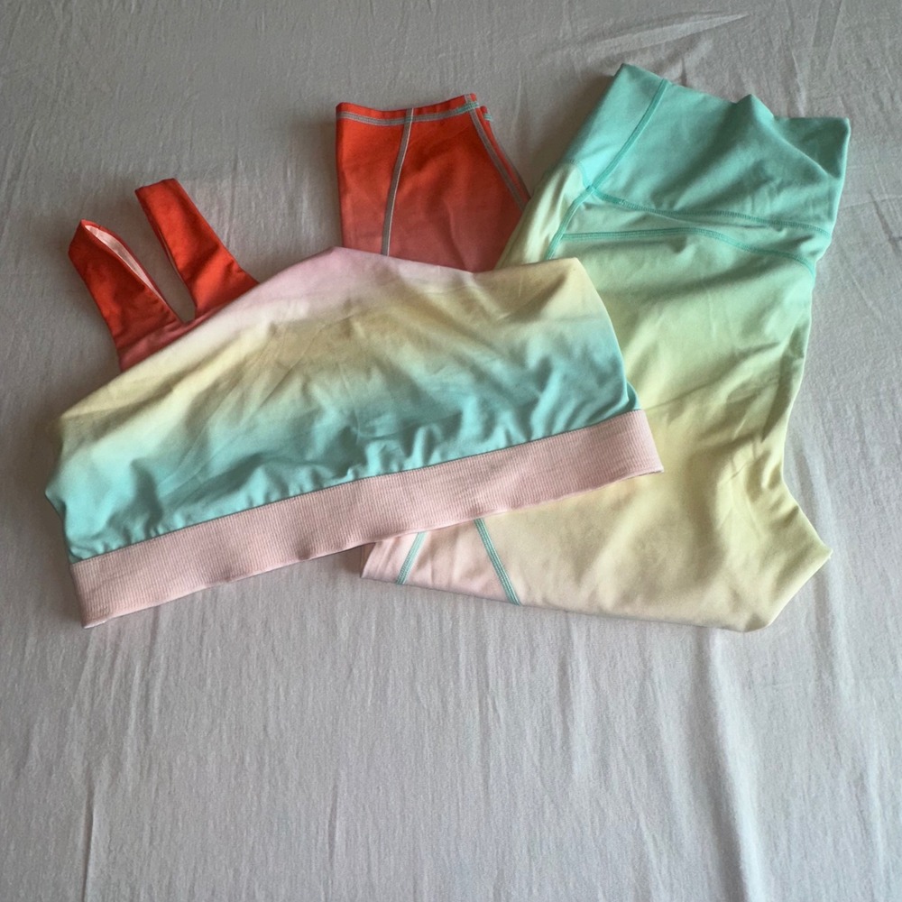Fabletics Rainbow Ombre Activewear Set One Shoulder Bra & High Waist Leggings XL